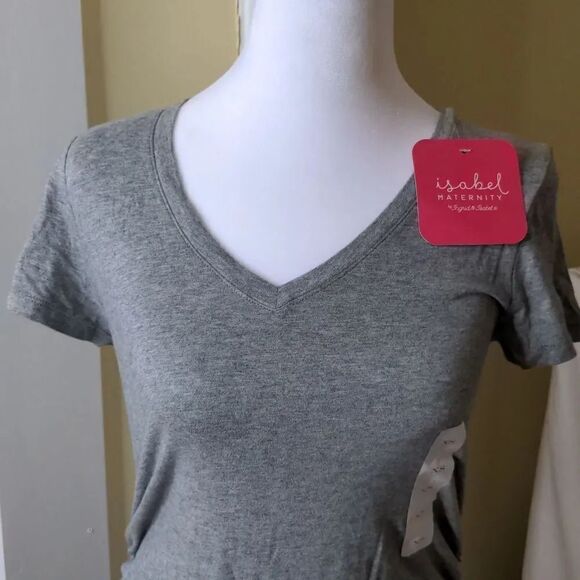 Isabel Maternity XS Gray V Neck Short Sleeve T Shirt with Ruched Sides, NEW - Picture 2 of 8